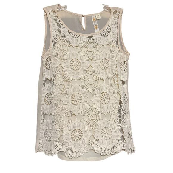 Adiva Tops - Adica Womens Tank Top‎ Sz M Ivory Crochet Floral Lined Pullover Cottagecore